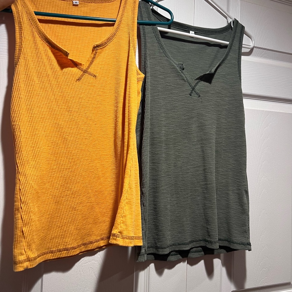 Women's Sleeveless Ribbed Tops - Mustard Yellow and Olive Green